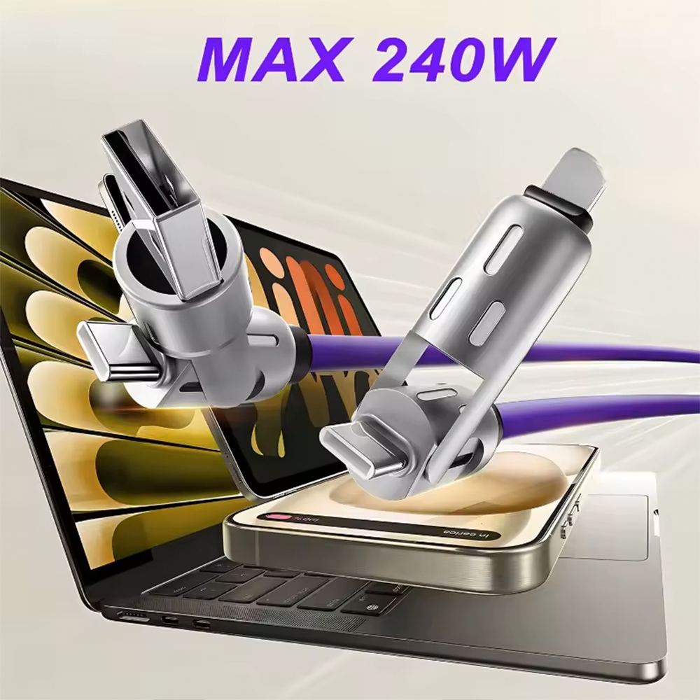 240W 4-in-1 Fast Charging Cable Multi-Functional Soft Silicone USB Data Cable for iPhone Xiaomi Samsung iPad Laptop