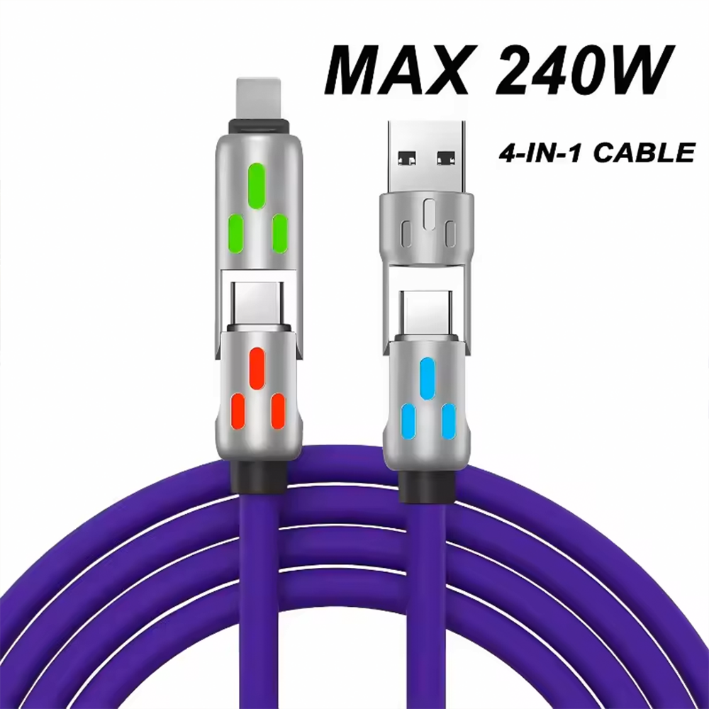 240W 4-in-1 Fast Charging Cable Multi-Functional Soft Silicone USB Data Cable for iPhone Xiaomi Samsung iPad Laptop