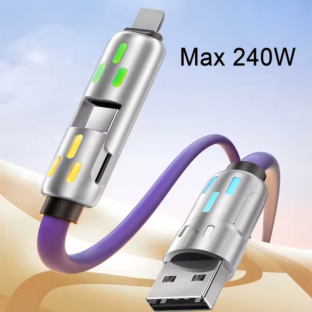 240W 4-in-1 Fast Charging Cable Multi-Functional Soft Silicone USB Data Cable for iPhone Xiaomi Samsung iPad Laptop
