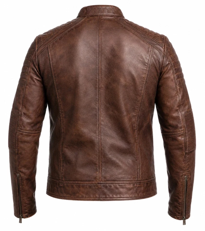 Men’s Genuine Sheepskin Leather Motorcycle Jacket Vintage Cafe Racer Biker Black