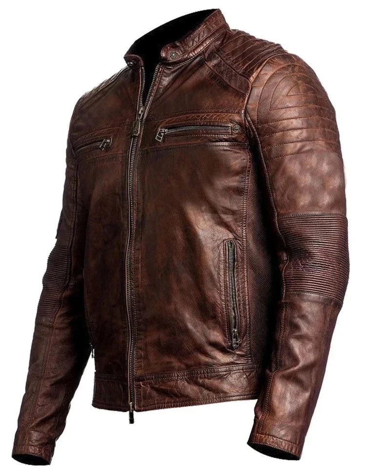 Men’s Genuine Sheepskin Leather Motorcycle Jacket Vintage Cafe Racer Biker Black