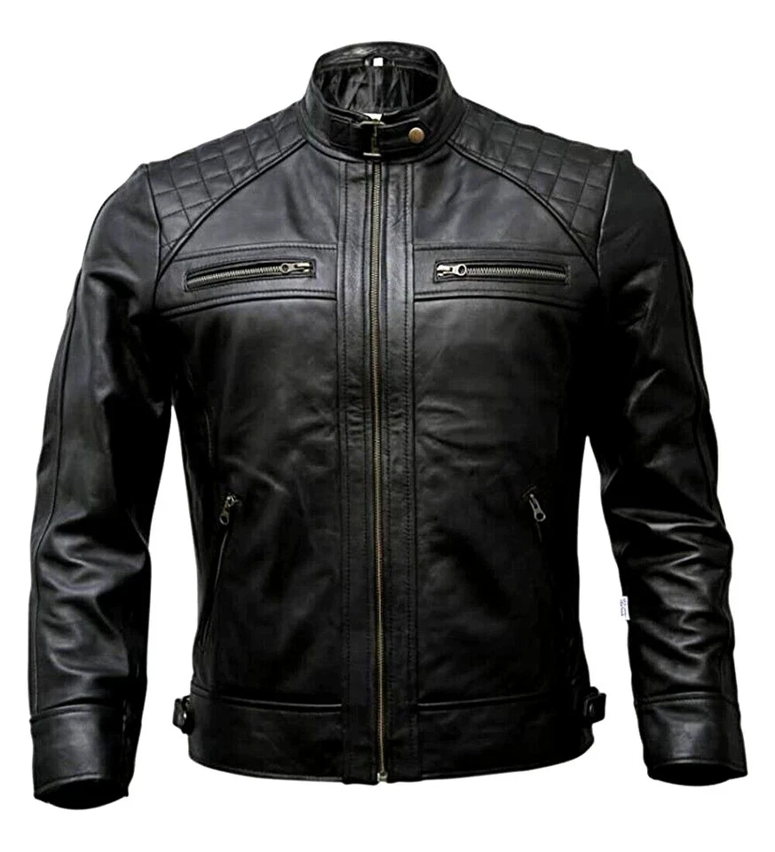 Men’s Genuine Lambskin Leather Motorcycle Jacket Café Racer Biker Black Brown