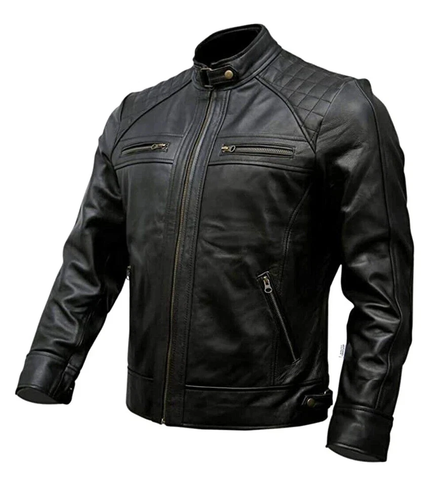 Men’s Genuine Lambskin Leather Motorcycle Jacket Café Racer Biker Black Brown