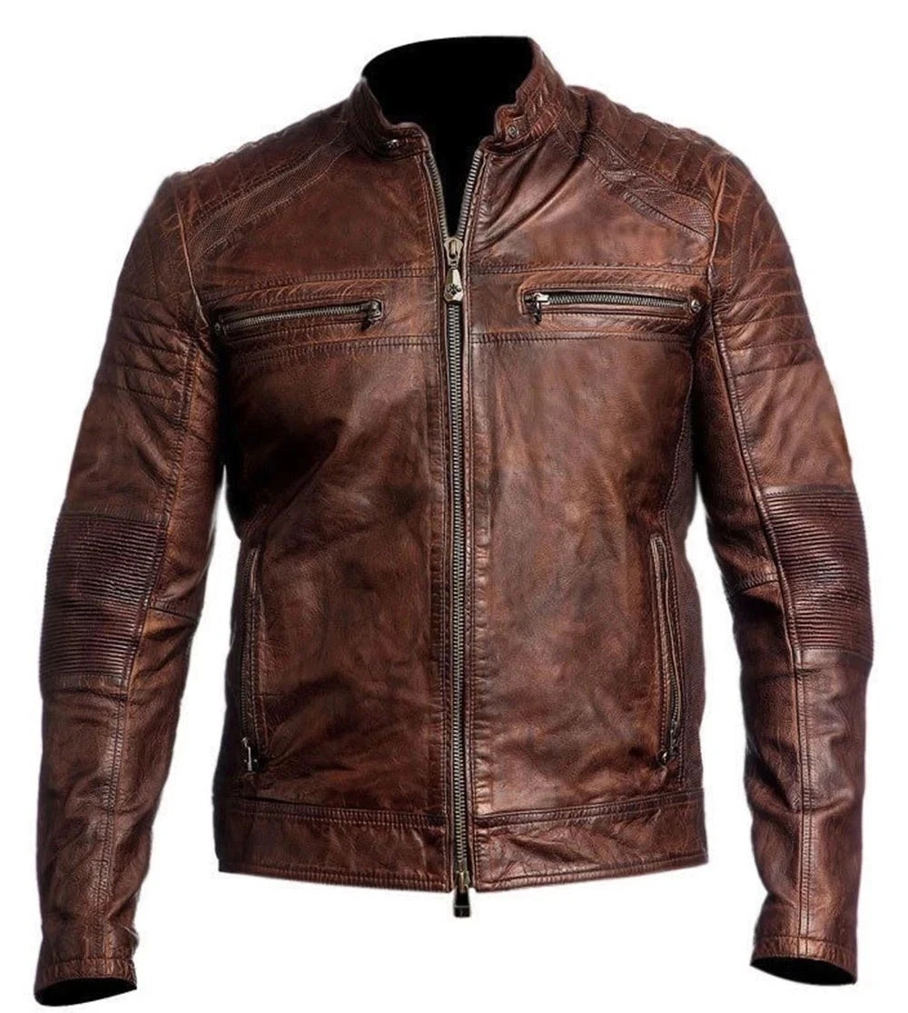 Men’s Genuine Sheepskin Leather Motorcycle Jacket Vintage Cafe Racer Biker Black